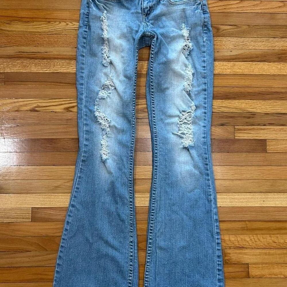Y2k Ariya Low Rise Flare Distressed Denim Jeans Size 3/4